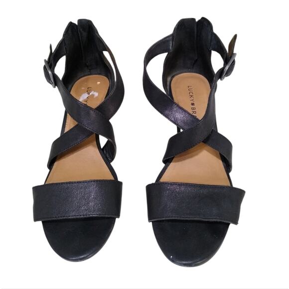🎉[H298] Lucky Brand Black Leather "Jenley" Wedge Buckle Strappy Sandals, Size 7 - Picture 3 of 7
